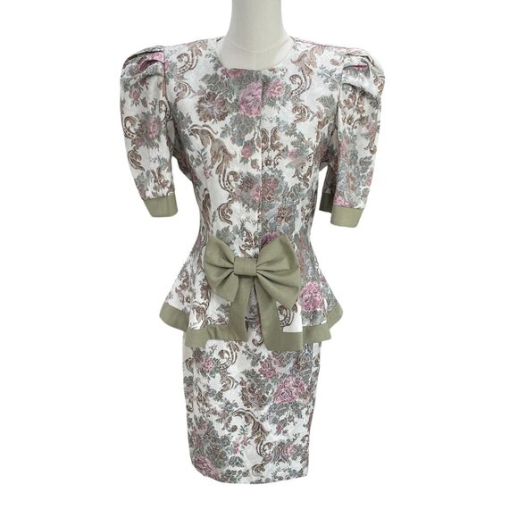 Vintage SL Fashions Floral Brocade Dress Set Puff Sleeve Peplum Bow Size 7/8 USA - Picture 11 of 14